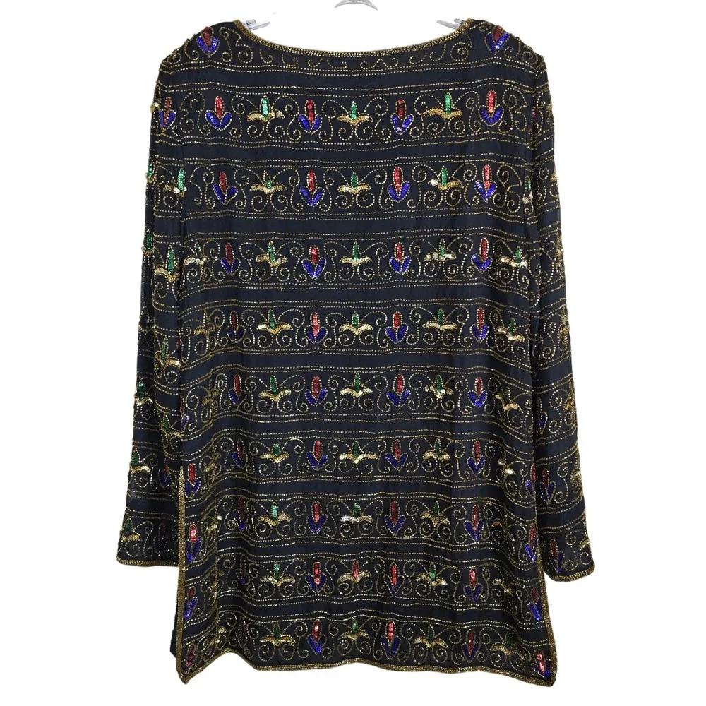 VTG Papell Boutique Mardi Gras Beaded Sequin Top Silk Tunic Black Gold Green L